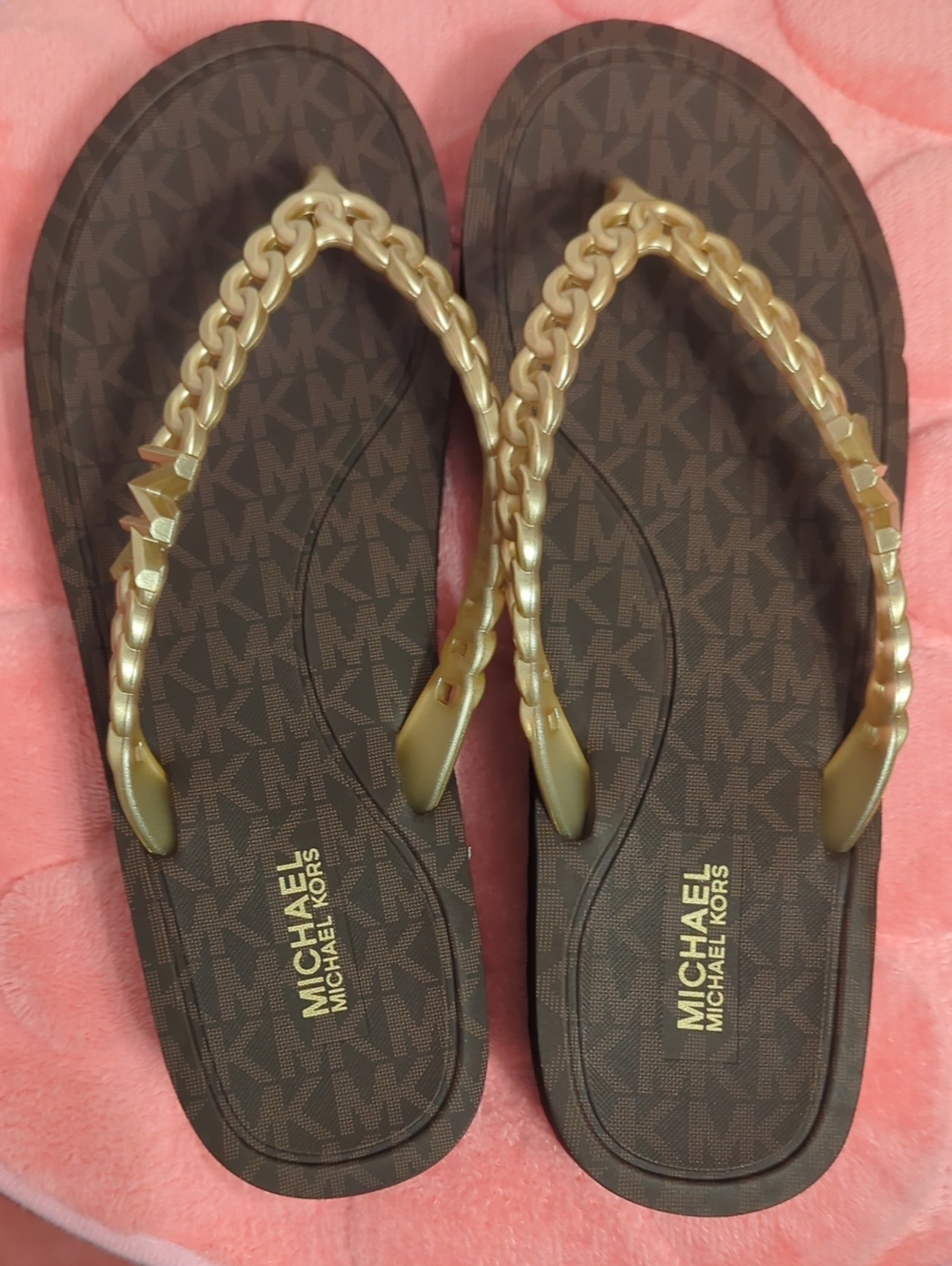 Michael Kors Brown Logo Flip Flops with Gold Chain Straps